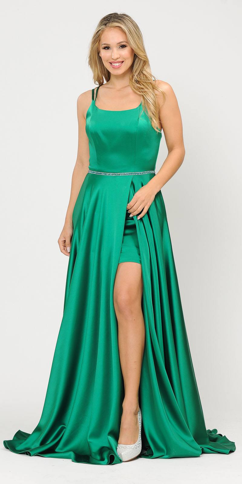 Long Romper Prom Dress with Cut-Out Lace-Up Back Kelly Green