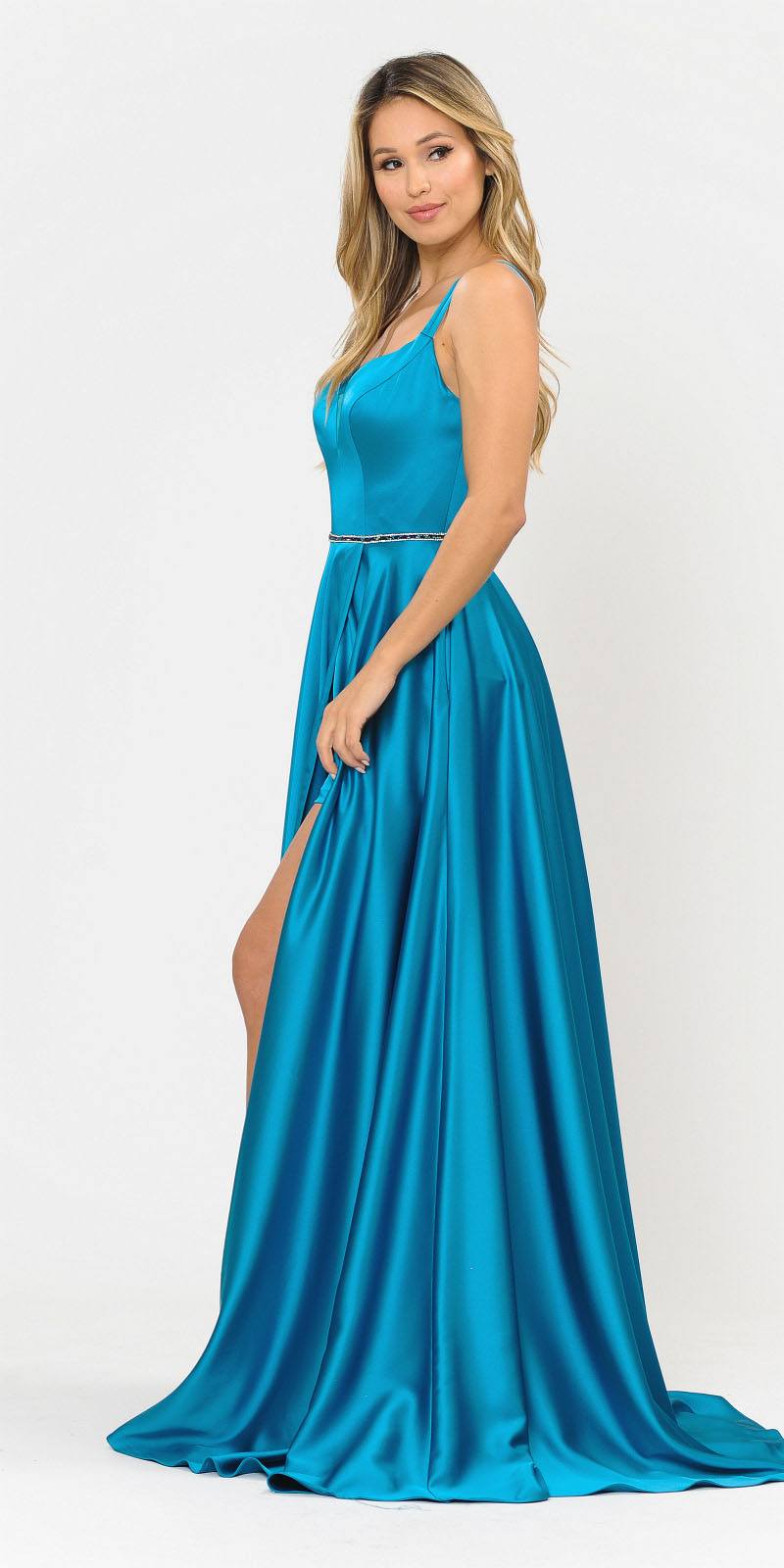 Teal Romper Style Long Prom Dress with Pockets