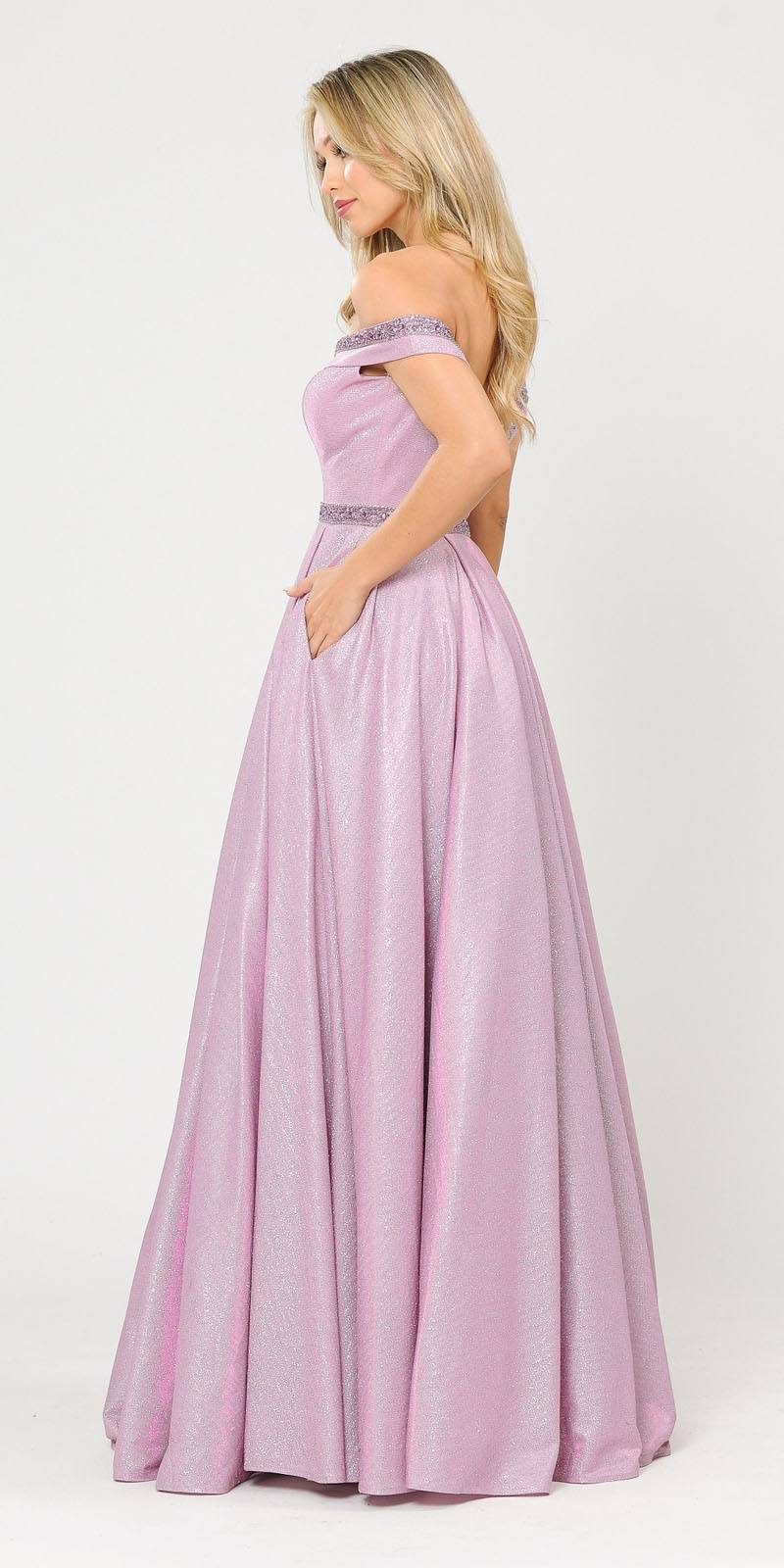 Poly USA 8664 Pink/Lilac Off-Shoulder Long Prom Dress with Pockets