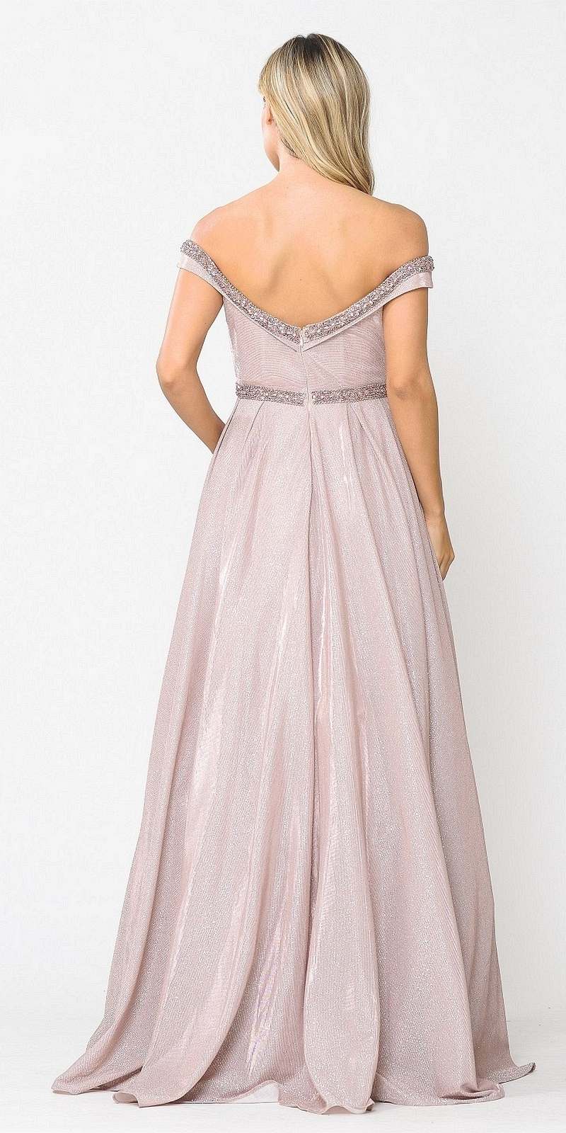 Poly USA 8664 Rose Gold Off-Shoulder Long Prom Dress with Pockets
