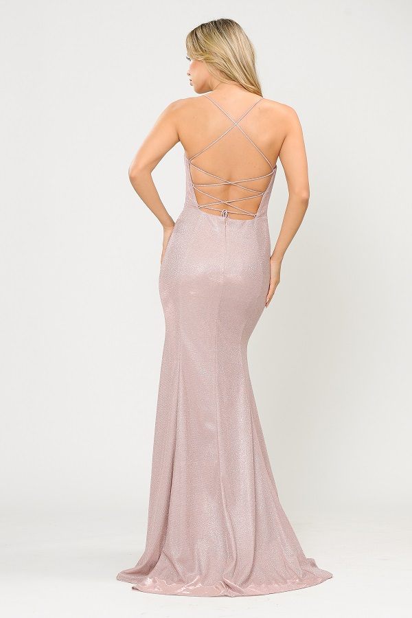 Poly USA 8666 Lace-Up Back Rose Gold Long Prom Dress