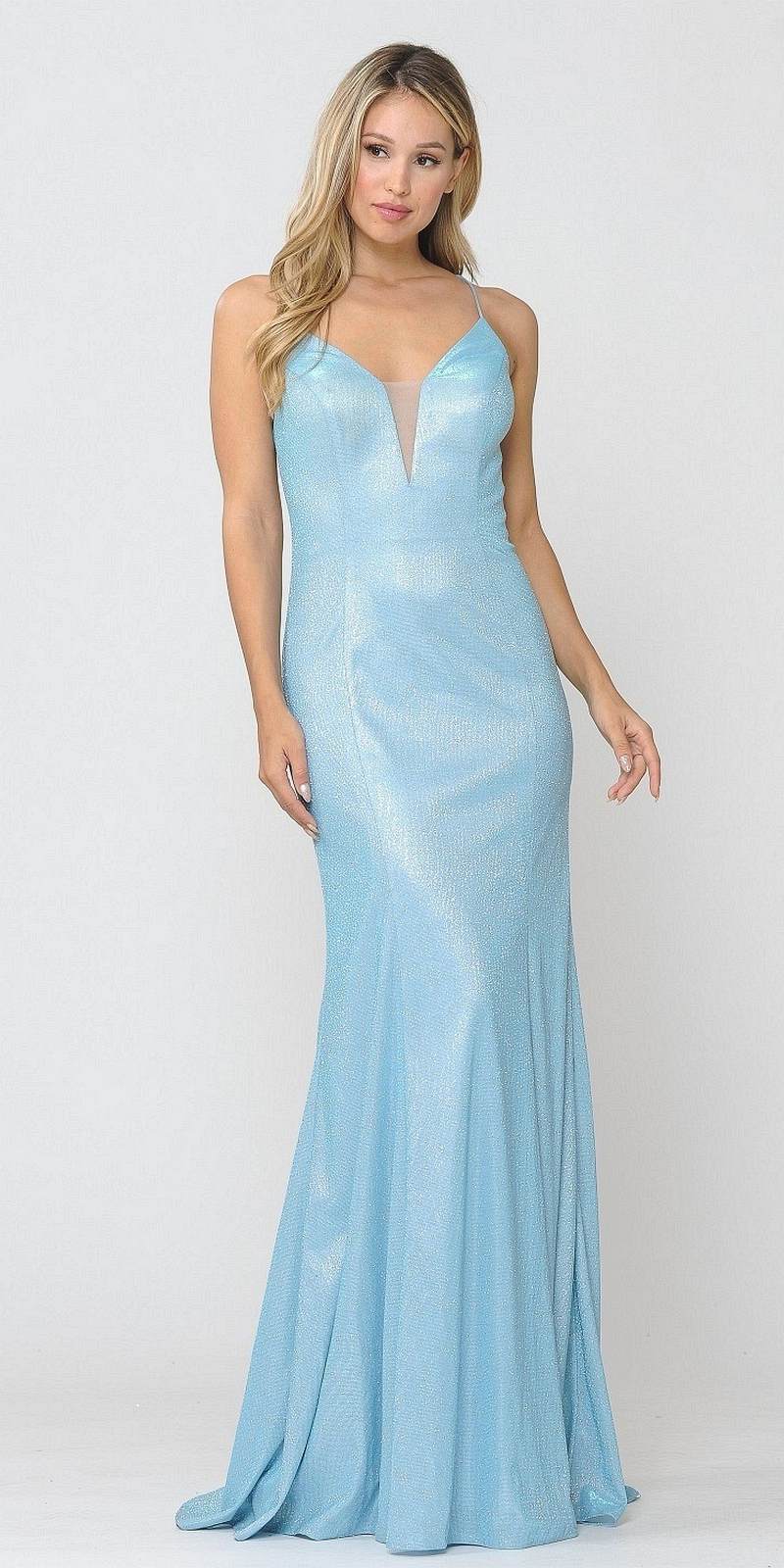 Poly USA 8668 Blue Mermaid Style Long Prom Dress with Spaghetti Straps