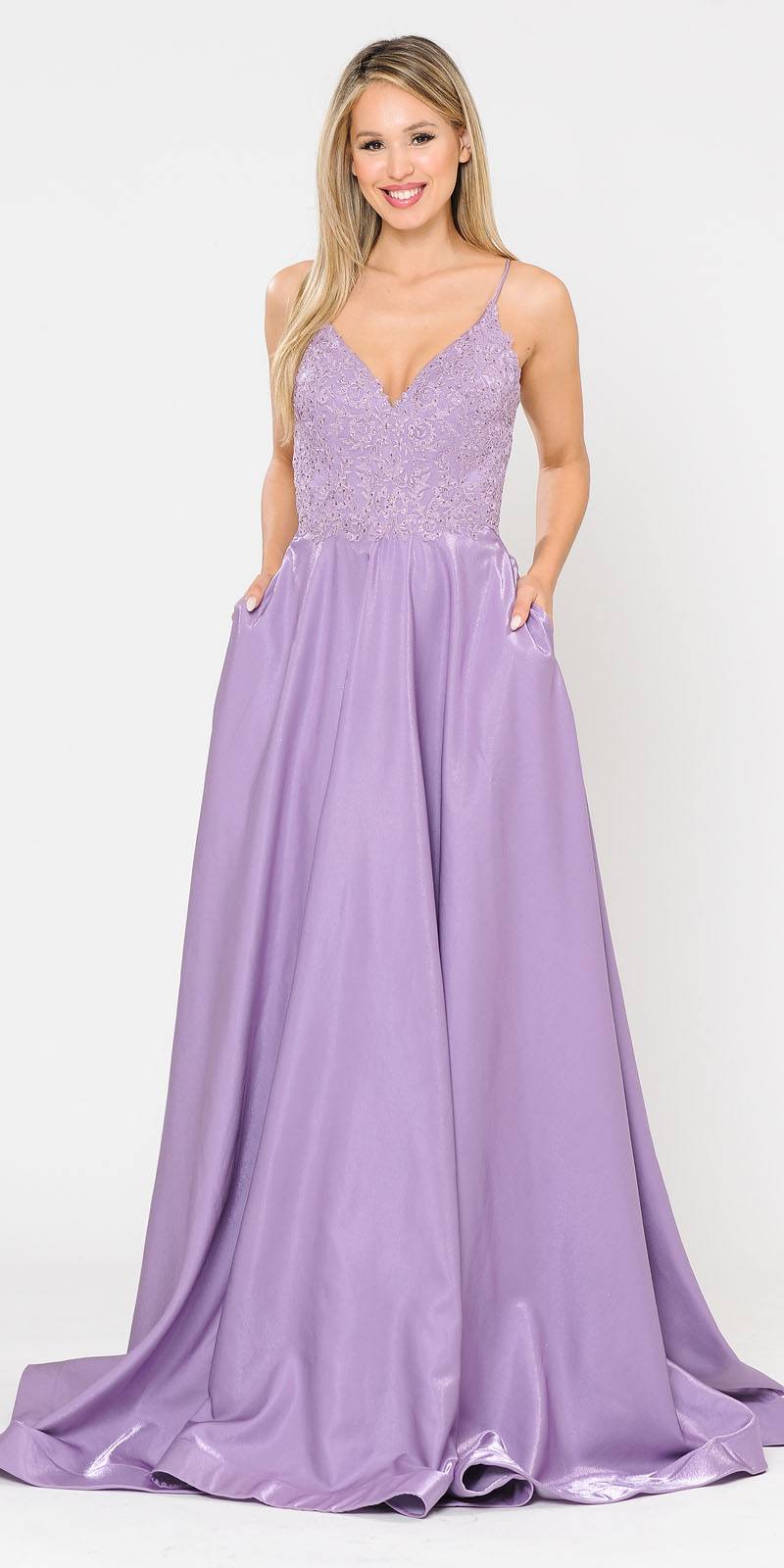 Lace-Up Back Lavender Long Prom Dress with Pockets