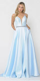Poly USA 8672 Long Satin Prom Dress with Spaghetti Straps Blue