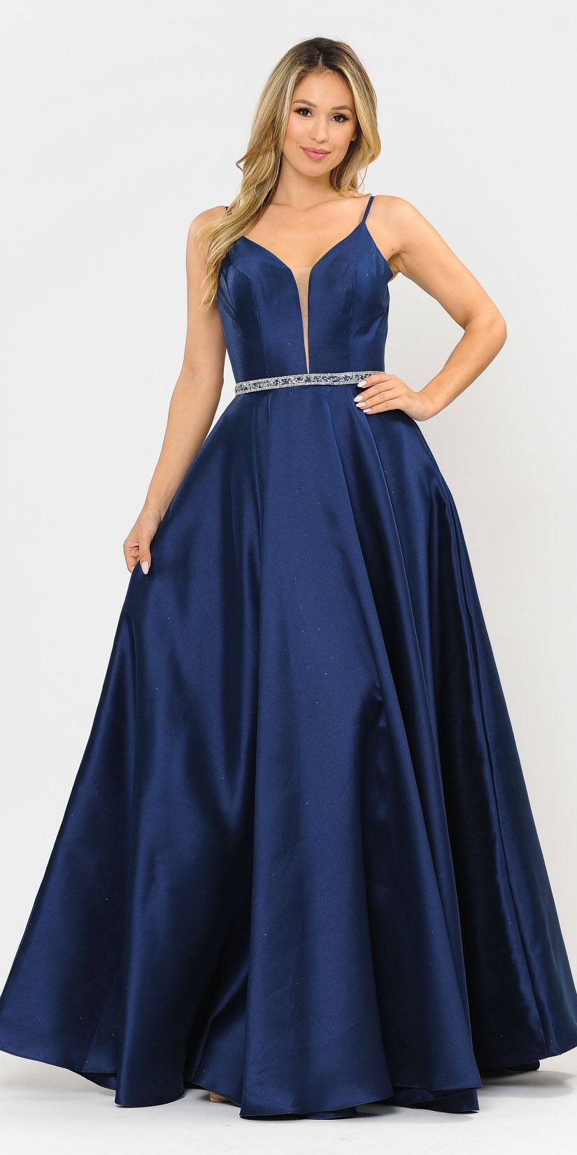 Poly USA 8672 Long Satin Prom Dress with Spaghetti Straps Navy Blue