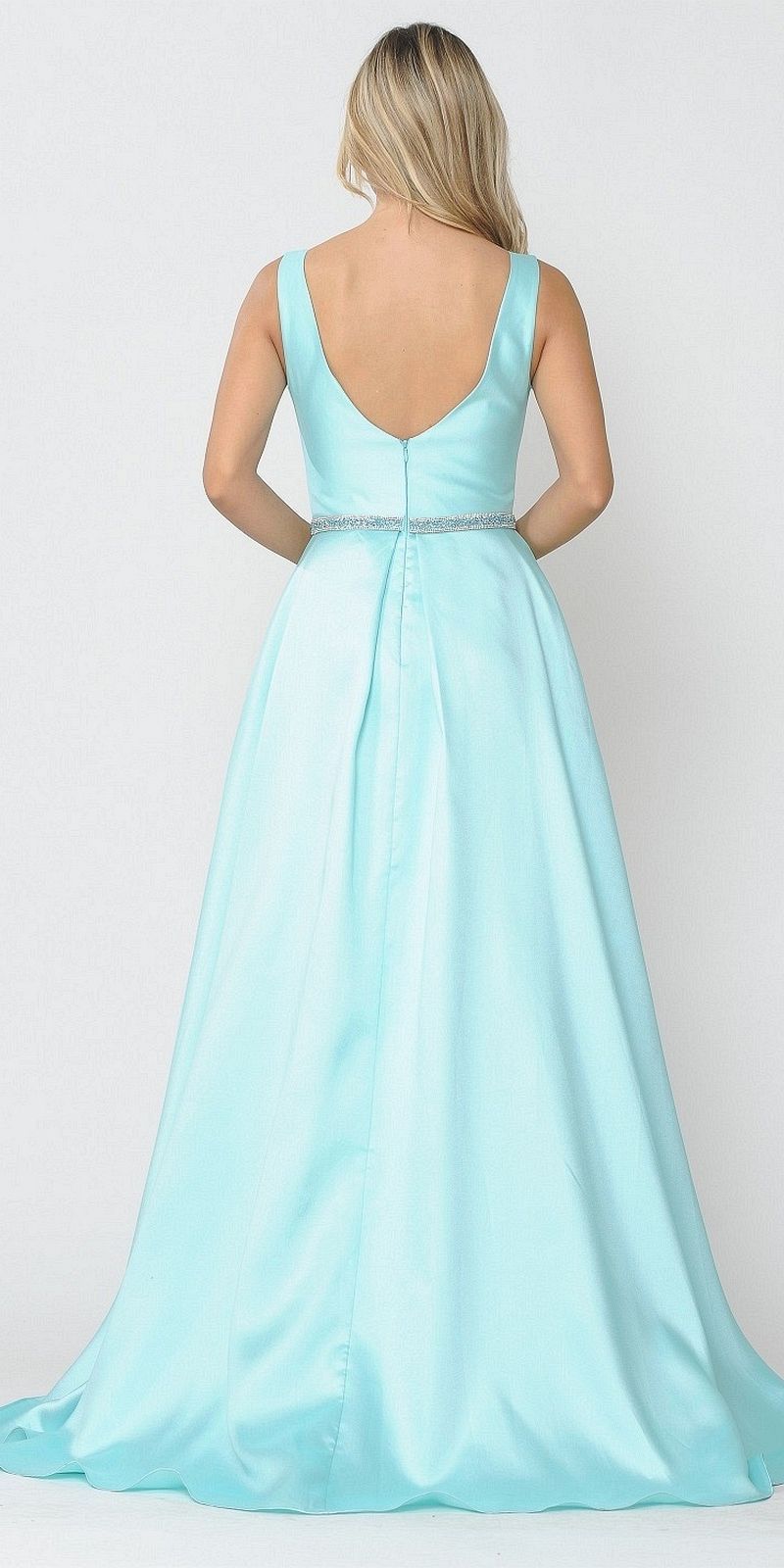 Poly USA 8678 Mint Sleeveless Long Prom Dress Embellished Waist