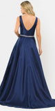 Poly USA 8678 Navy Blue Sleeveless Long Prom Dress Embellished Waist