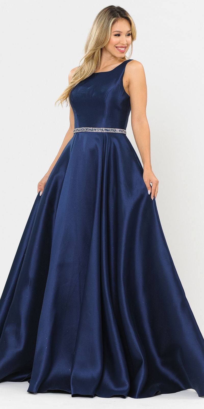 Poly USA 8678 Navy Blue Sleeveless Long Prom Dress Embellished Waist