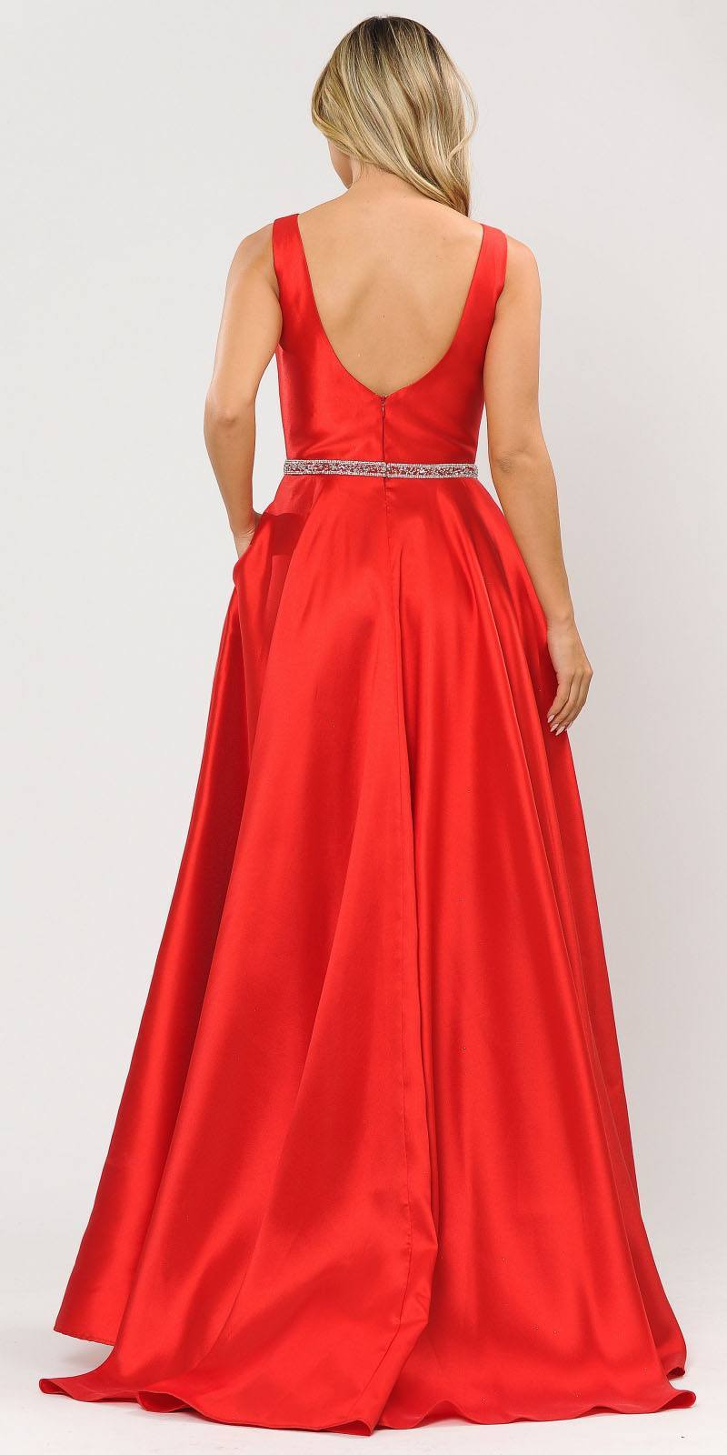 Poly USA 8678 Red Sleeveless Long Prom Dress Embellished Waist