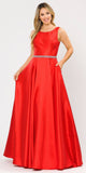 Poly USA 8678 Red Sleeveless Long Prom Dress Embellished Waist