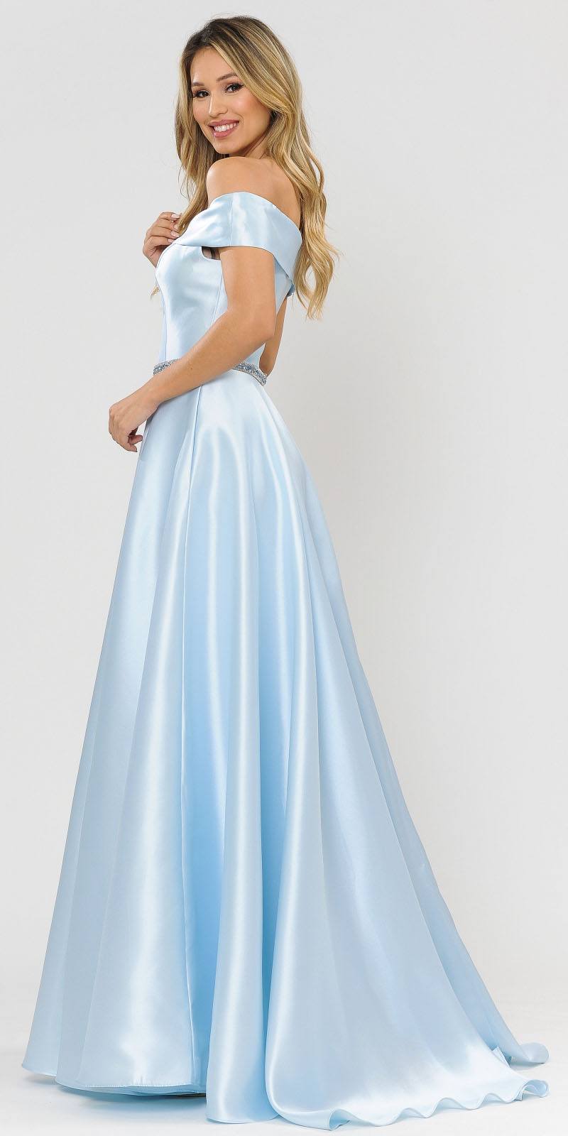 Poly USA 8680 Blue Off-Shoulder A-Line Long Prom Dress with Pockets