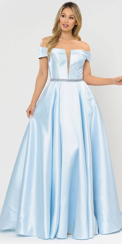 Poly USA 8680 Blue Off-Shoulder A-Line Long Prom Dress with Pockets
