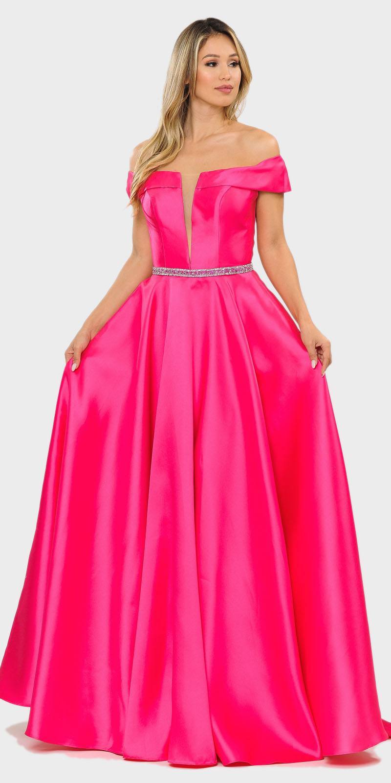 Poly USA 8680 Fuchsia Off-Shoulder A-Line Long Prom Dress with Pockets