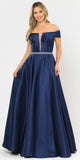 Poly USA 8680 Navy Blue Off-Shoulder A-Line Long Prom Dress with Pockets