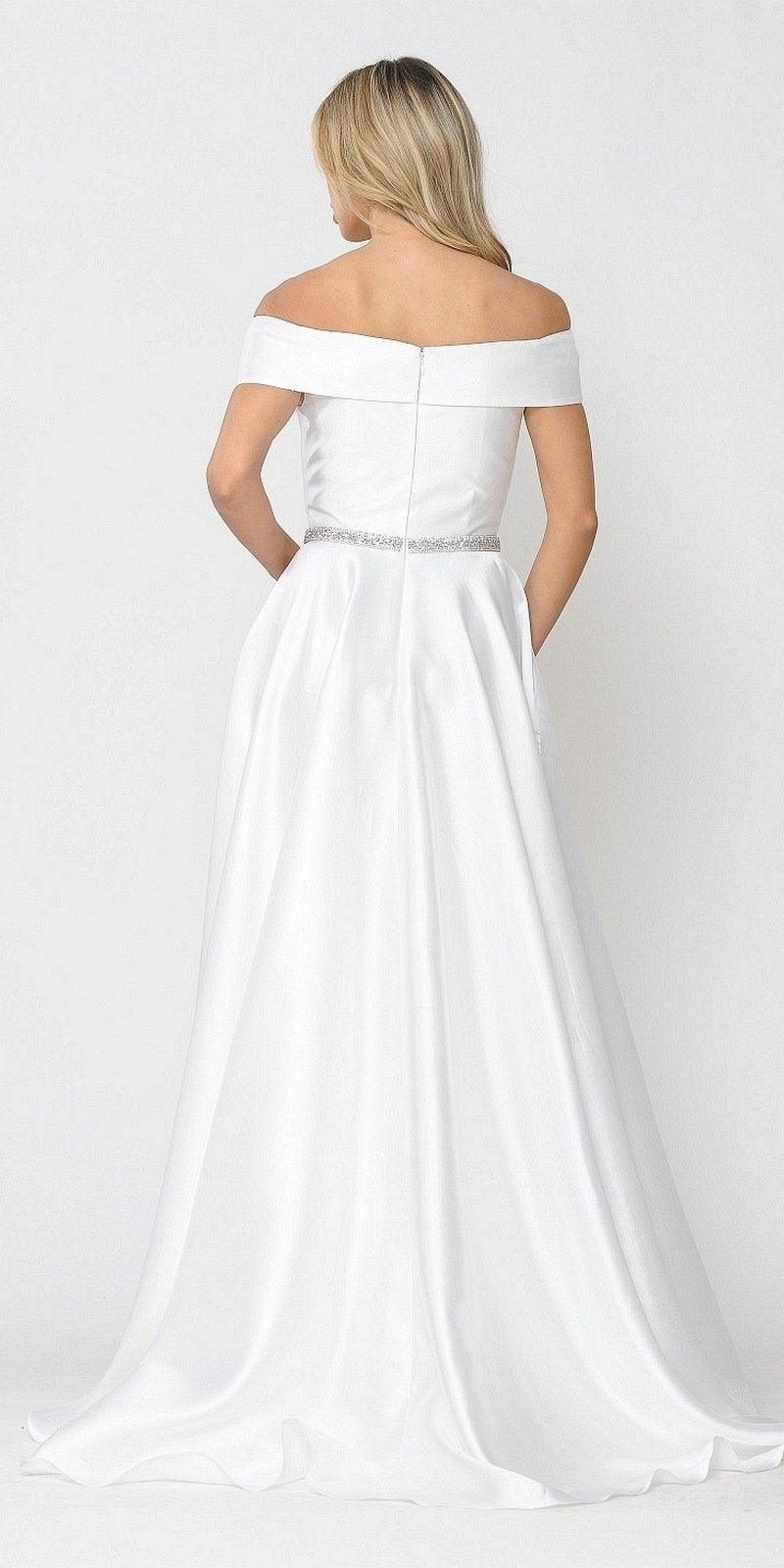 Poly USA 8680 White Off-Shoulder A-Line Long Prom Dress with Pockets