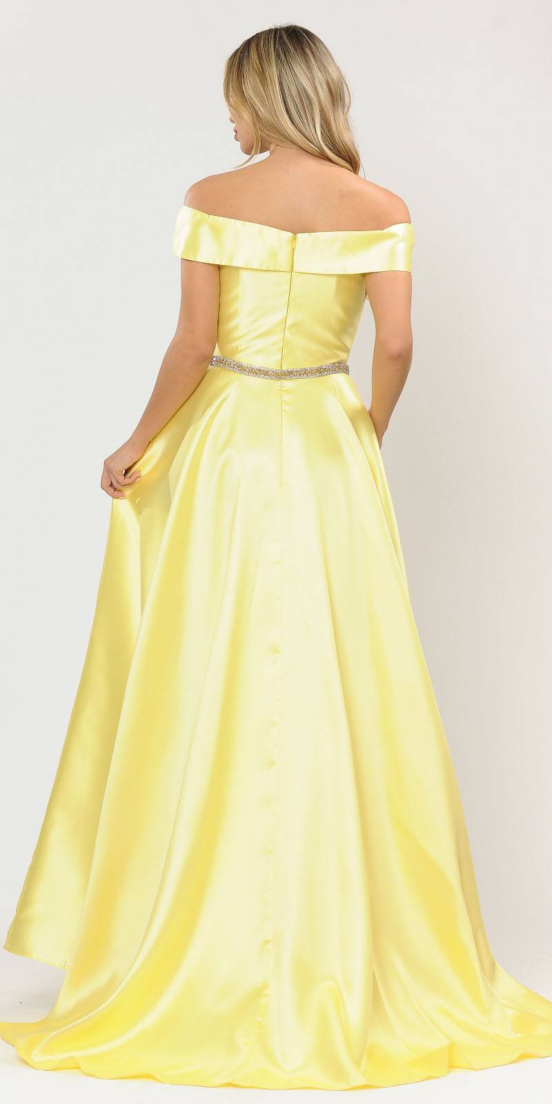 Poly USA 8680 Yellow Off-Shoulder A-Line Long Prom Dress with Pockets