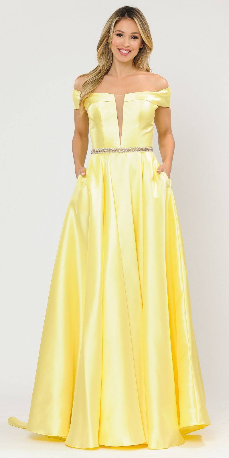 Poly USA 8680 Yellow Off-Shoulder A-Line Long Prom Dress with Pockets