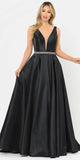 Poly USA 8682 V-Neck and Back Black Long Prom Dress with Pockets