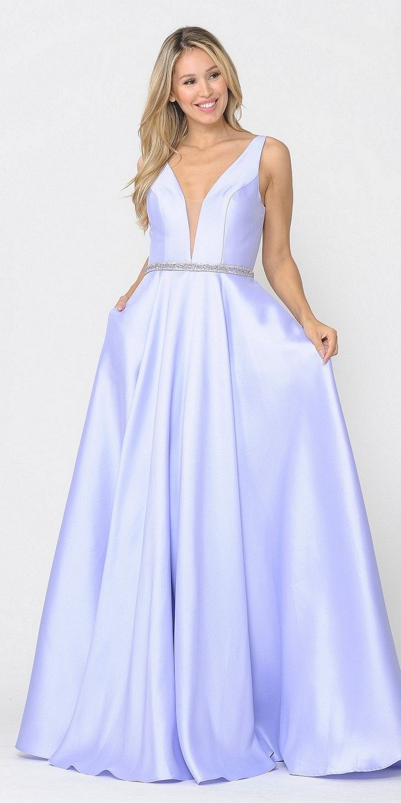 Poly USA 8682 V-Neck and Back Lilac Long Prom Dress with Pockets
