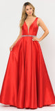 Poly USA 8682 V-Neck and Back Red Long Prom Dress with Pockets