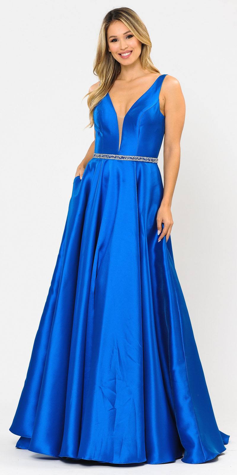 Poly USA 8682 V-Neck and Back Royal Blue Long Prom Dress with Pockets