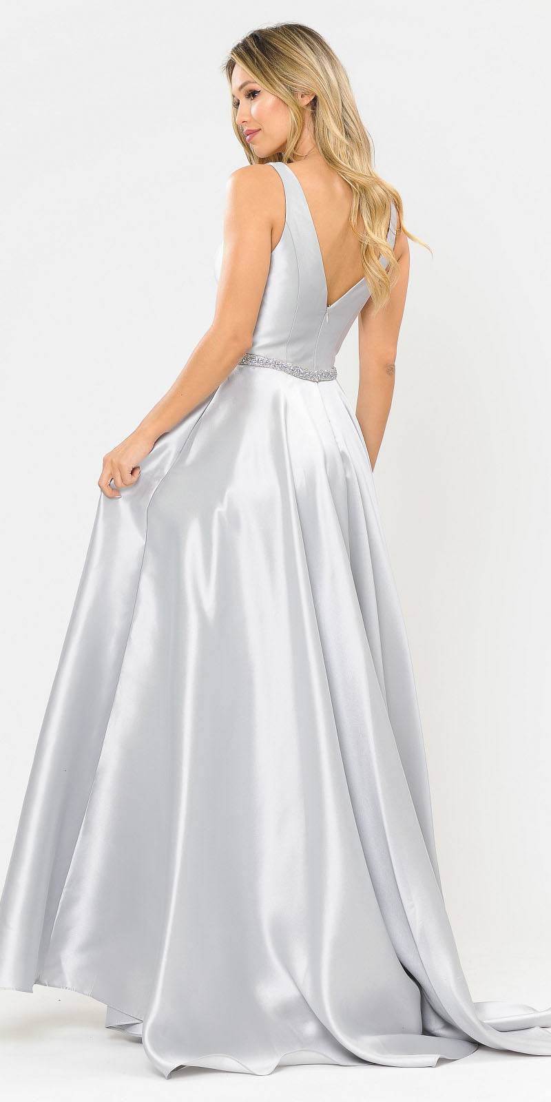 Poly USA 8682 V-Neck and Back Silver Long Prom Dress with Pockets
