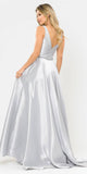 Poly USA 8682 V-Neck and Back Silver Long Prom Dress with Pockets
