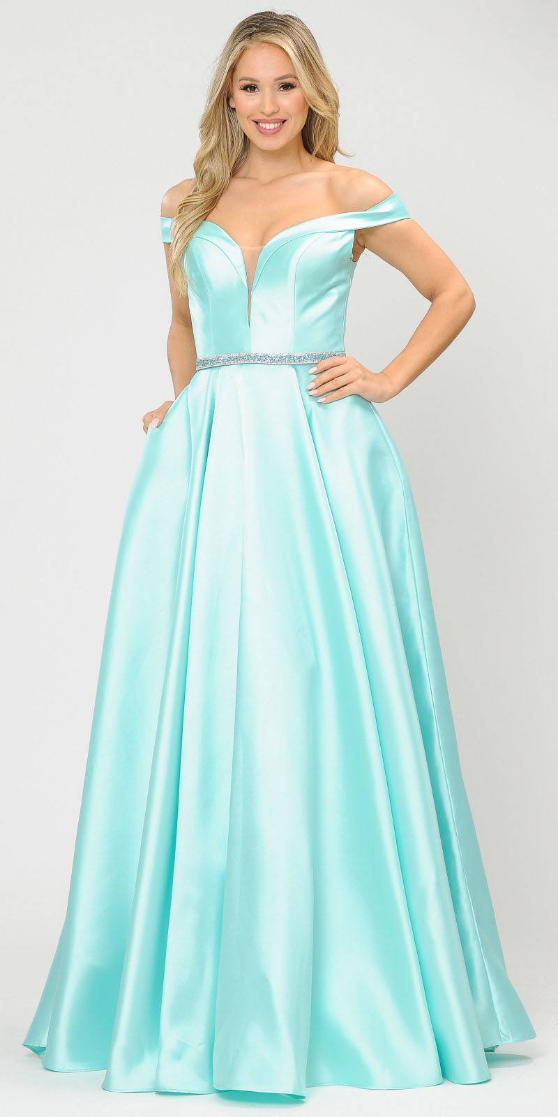 Poly USA 8686 Silky Satin Off-Shoulder Long Prom Dress Mint with Pockets