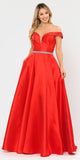 Poly USA 8686 Silky Satin Off-Shoulder Long Prom Dress Red with Pockets