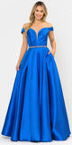 Poly USA 8686 Silky Satin Off-Shoulder Long Prom Dress Royal Blue with Pockets