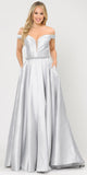 Poly USA 8686 Silky Satin Off-Shoulder Long Prom Dress Silver with Pockets