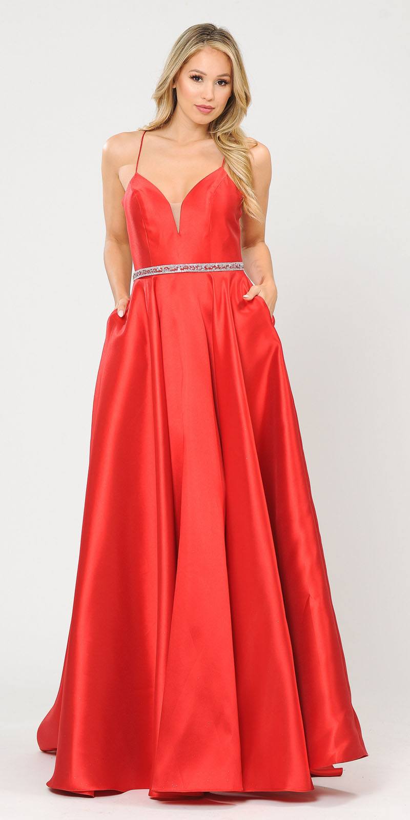 Poly USA 8688 Halter Criss-Cross Back Long Red Prom Dress with Pockets