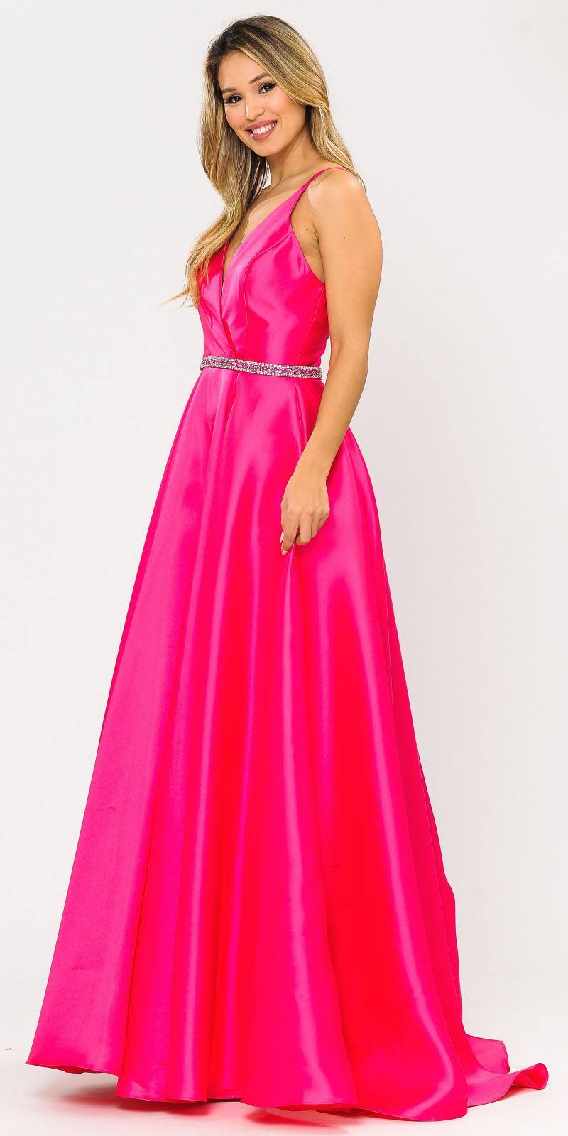 Poly USA 8690 V-Neck Long Prom Dress Fuchsia with Pockets