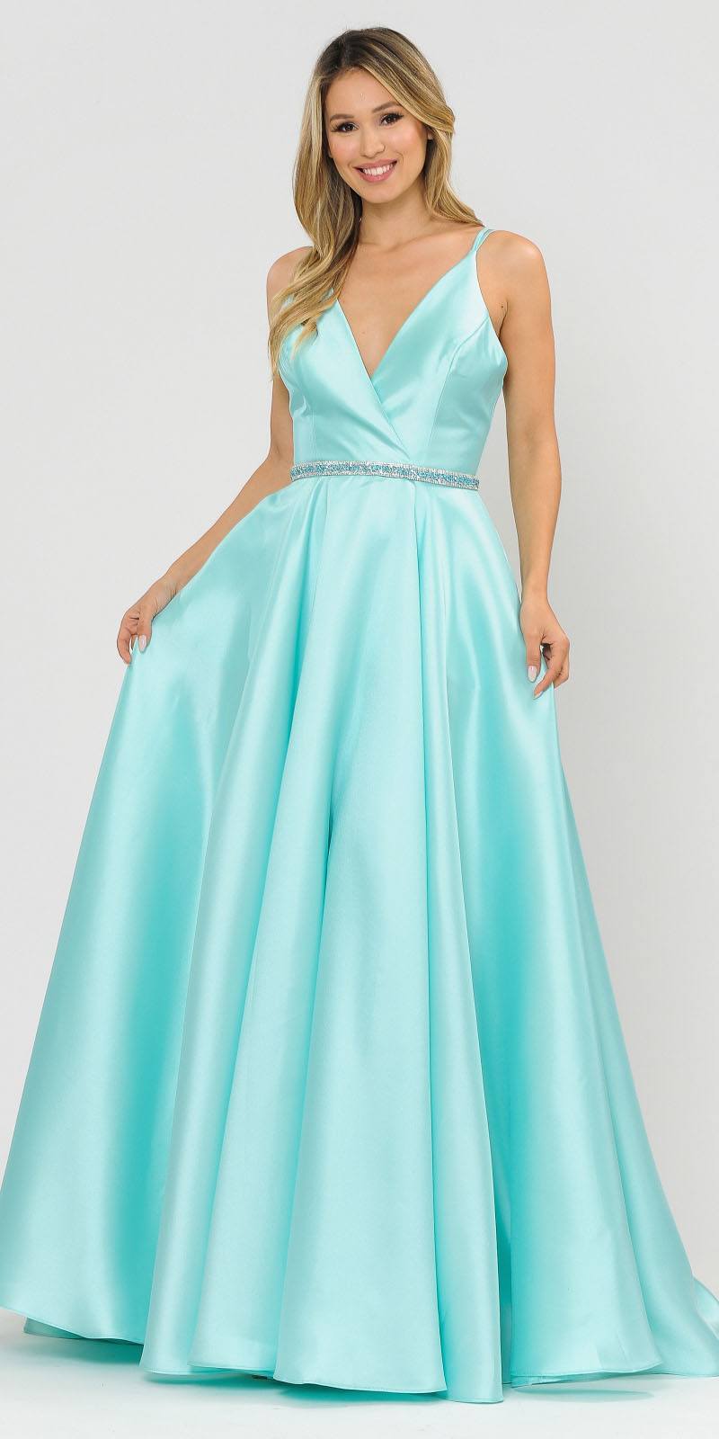 Poly USA 8690 V-Neck Long Prom Dress Mint with Pockets