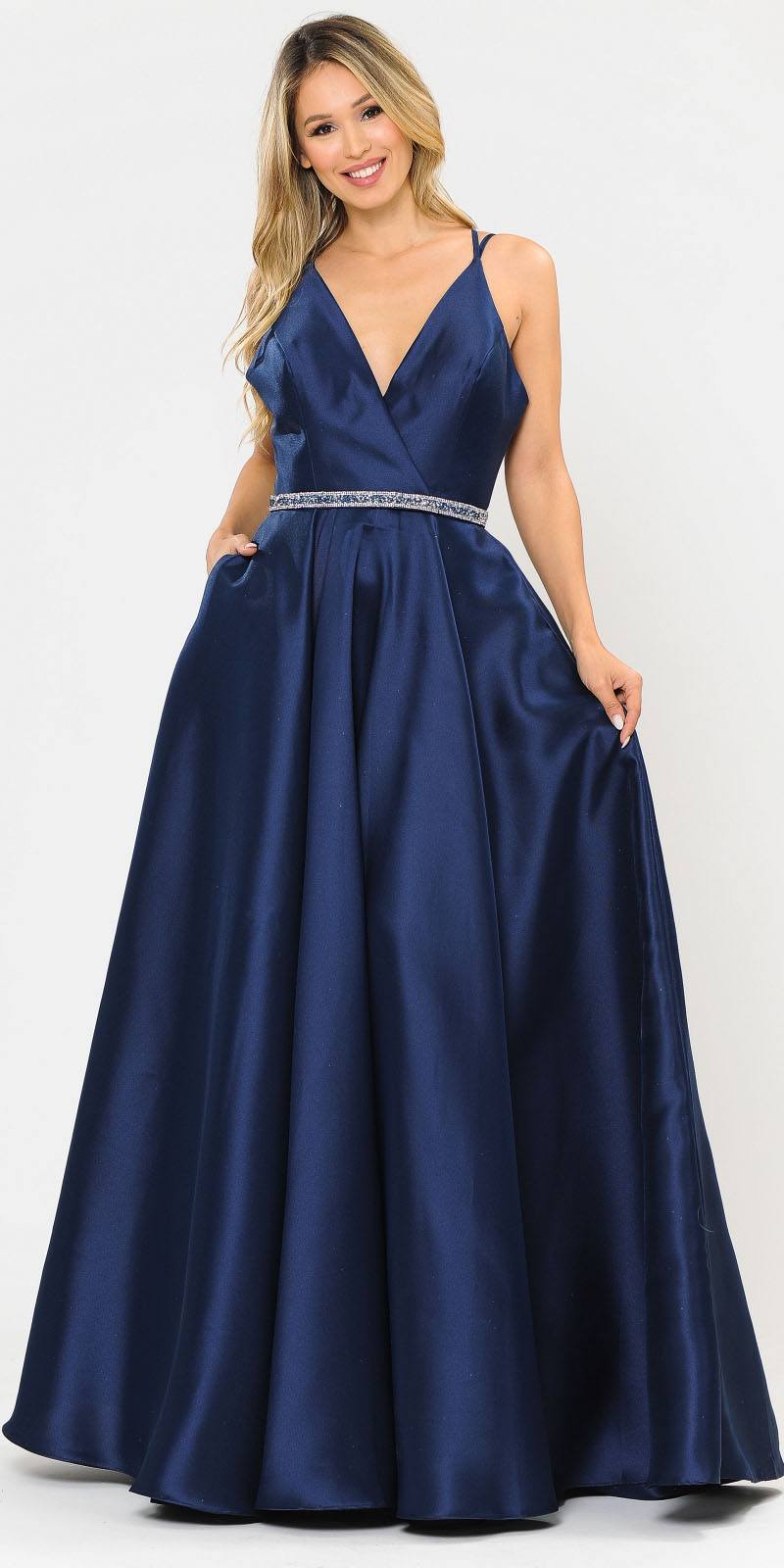 Poly USA 8690 V-Neck Long Prom Dress Navy Blue with Pockets