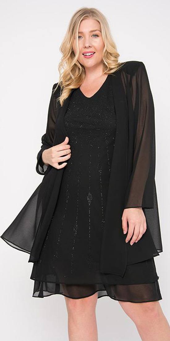 Sally Fashion 8694 Flowy Chiffon Black Dress Knee Length Long Sleeve Cardigan