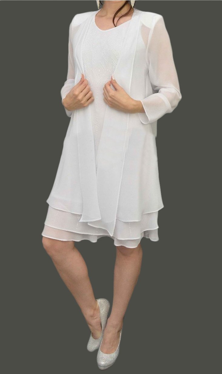 Sally Fashion 8694 Flowy Chiffon White Dress Knee Length Long Sleeve Cardigan