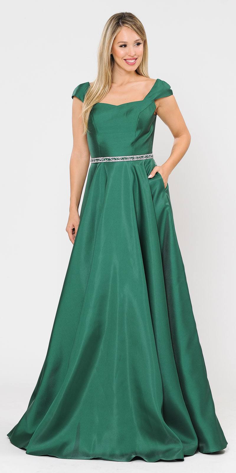 Green Cap Sleeved Long Prom Dress with Pockets