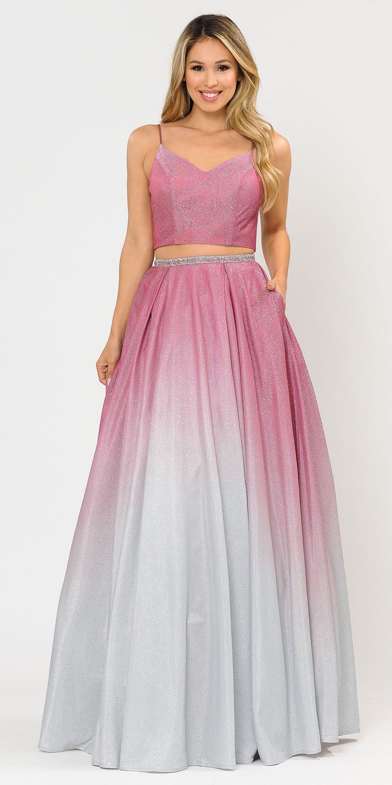 Ombre Two-Piece Long Prom Dress with Pockets Rose