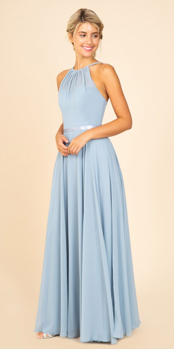 A-Line Long Halter Style Formal Dress Dusty Blue