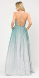Green/Silver Lace-Up Back Ombre Prom Ball Gown with Pockets