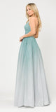 Green/Silver Lace-Up Back Ombre Prom Ball Gown with Pockets