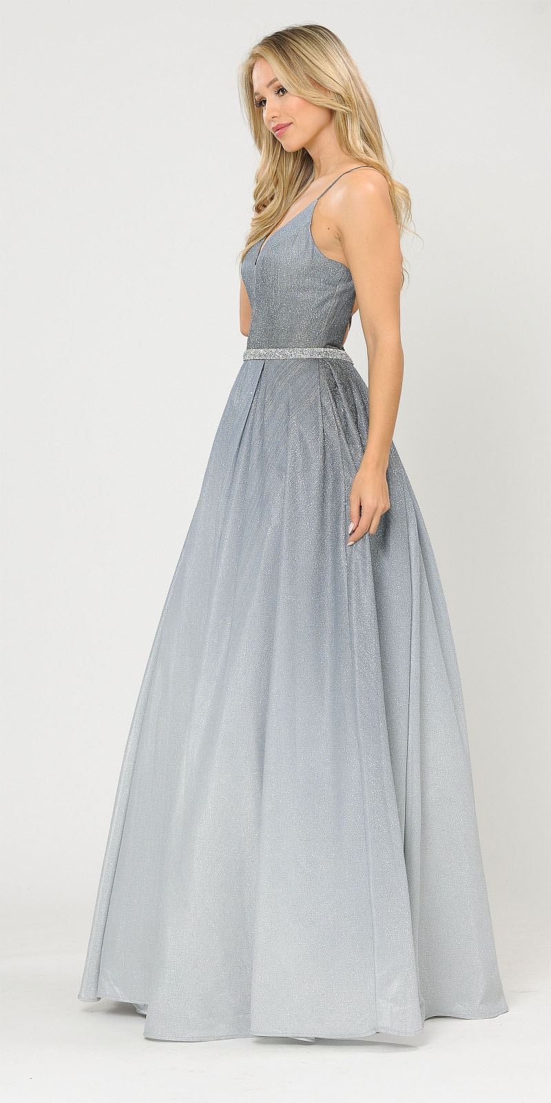 Gun Metal Lace-Up Back Ombre Prom Ball Gown with Pockets