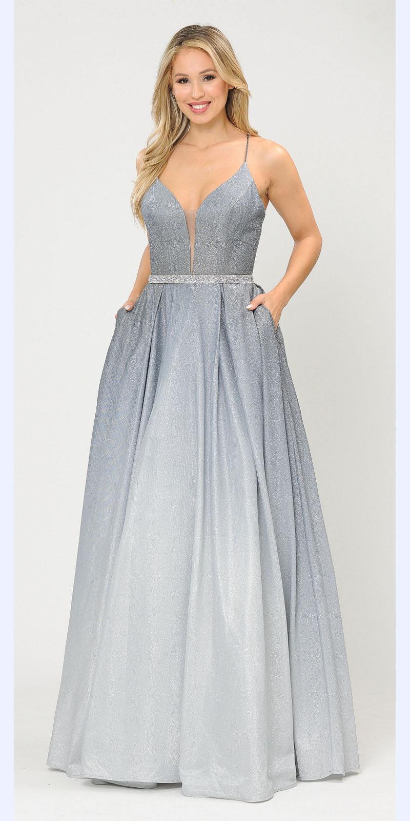 Gun Metal  Lace-Up Back Ombre Prom Ball Gown with Pockets