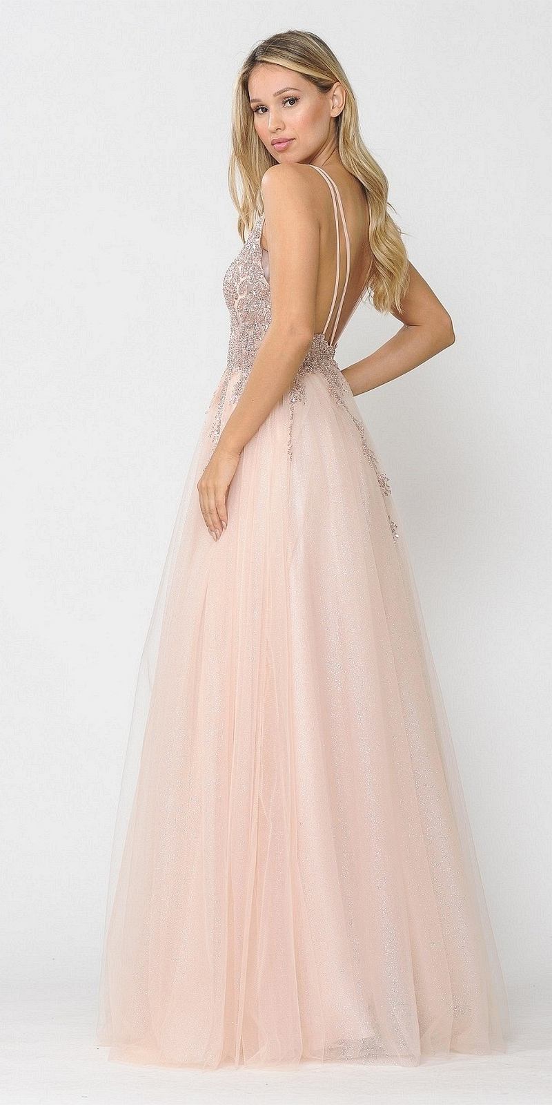 Poly USA 8718 Rose Gold Embellished Bodice Long Prom Dress