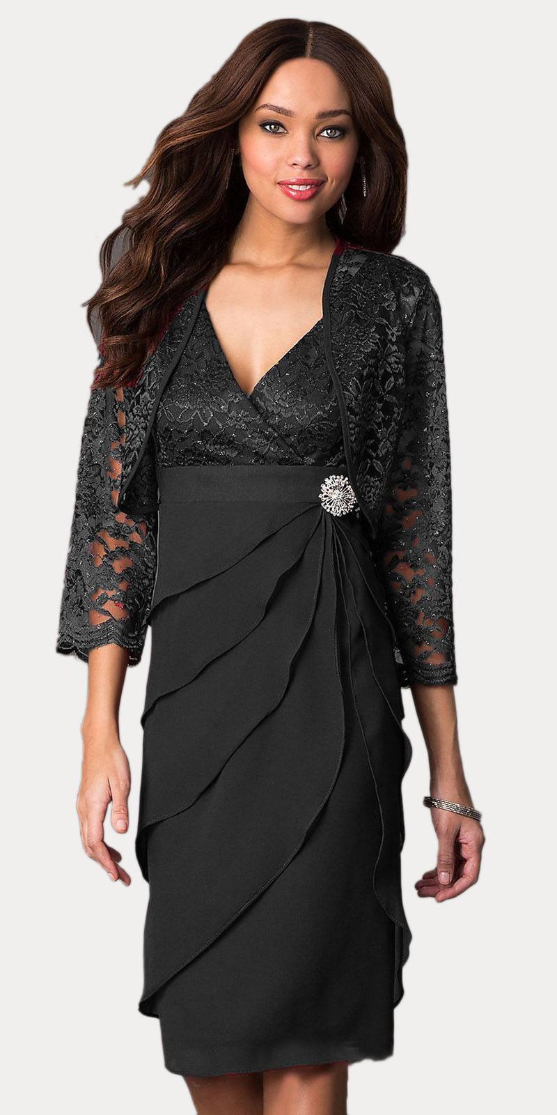 Short Formal Black Dress V-Neck Lace Chiffon 3/4 Sleeve Jacket