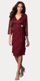 Short Formal Burgundy Dress V-Neck Lace Chiffon 3/4 Sleeve Jacket