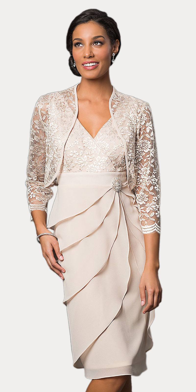 Short Formal Khaki  Dress V-Neck Lace Chiffon 3/4 Sleeve Jacket