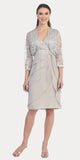 Short Formal Silver Dress V-Neck Lace Chiffon 3/4 Sleeve Jacket