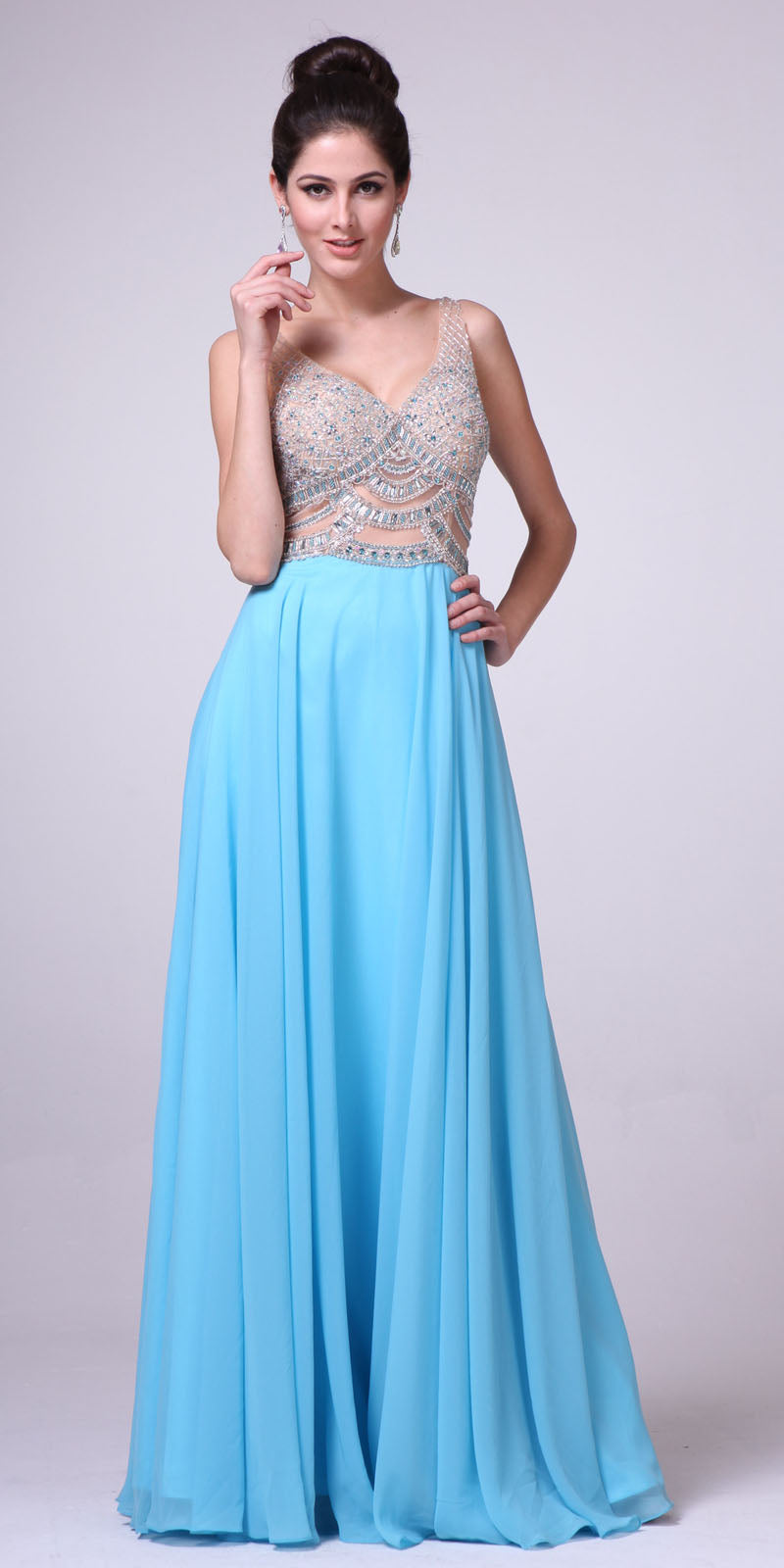Cinderella Divine 8757 Plunging V-Neck Embellished Bodice A-Line Prom Gown Aqua